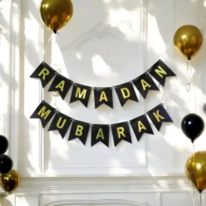 Premium Black & Gold Ramadan Mubarak Card Banner for home decoration, iftar party setup and Islamic event decoration.