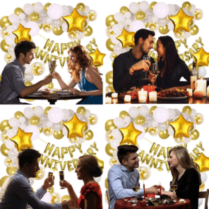 Happy Anniversary Combo 73 PCS Decoration Package with Silver Curtain Metallic Balloons and Foil Banner