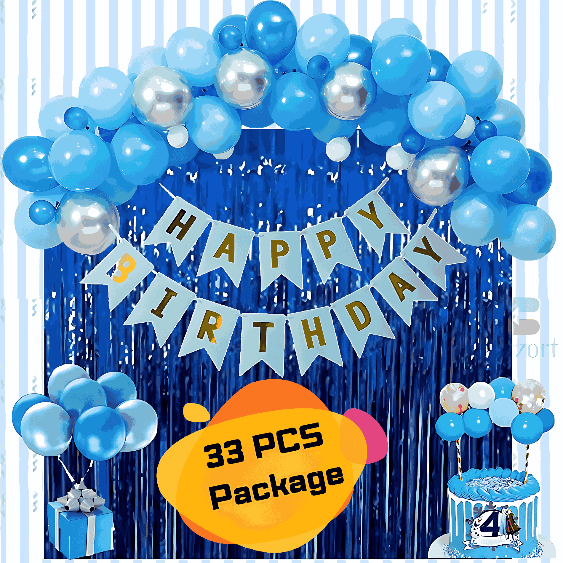 Blue Theme Birthday Decoration Kit with Banner Balloons and Foil Curtain