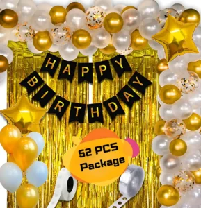Birthday Combo 52 PCS White Gold Birthday Decoration Kit with Banner Balloon and Foil Curtain
