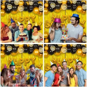 Black Gold Birthday Decoration Combo 33 PCS with Happy Birthday Foil Balloon and Golden Curtain